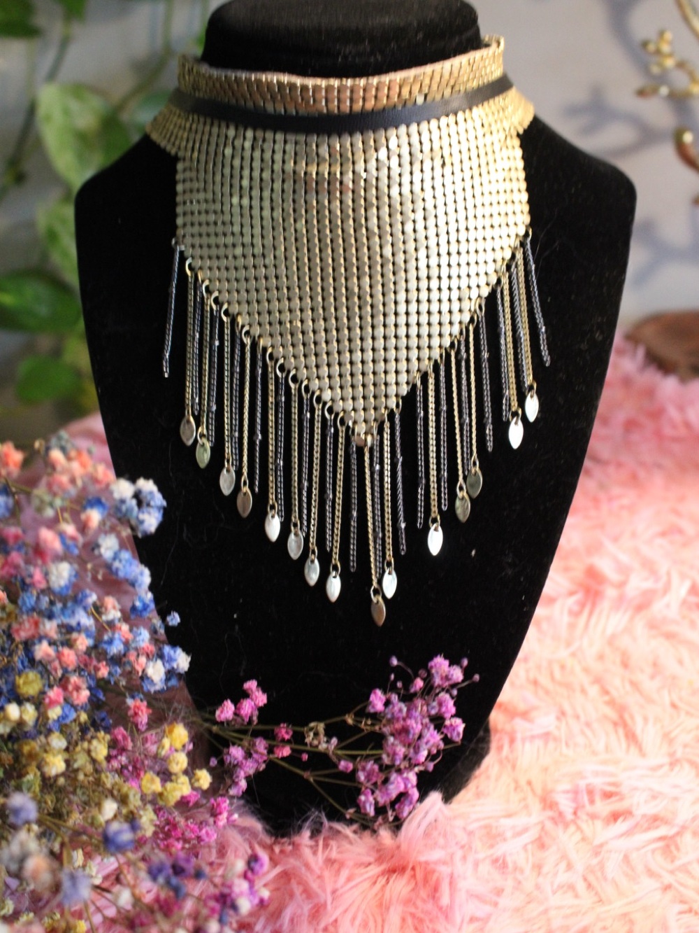 Free People Gold Metal Mesh Chain Fringe Statement Choker Necklace Boho